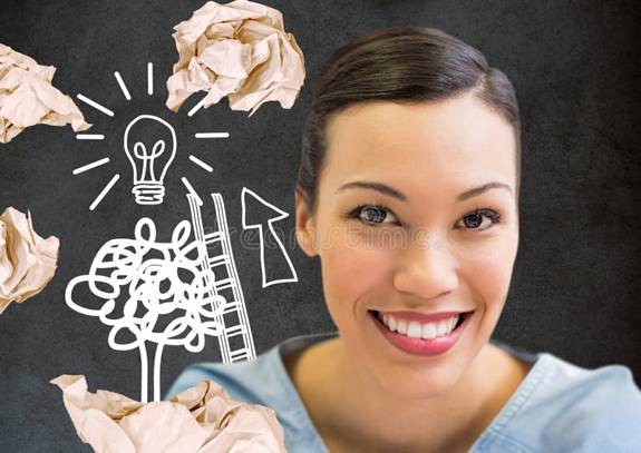 Digital composite of Woman standing next to light bulb drawings with crumpled paper balls in front of blackboard. Real human head shot illustrations